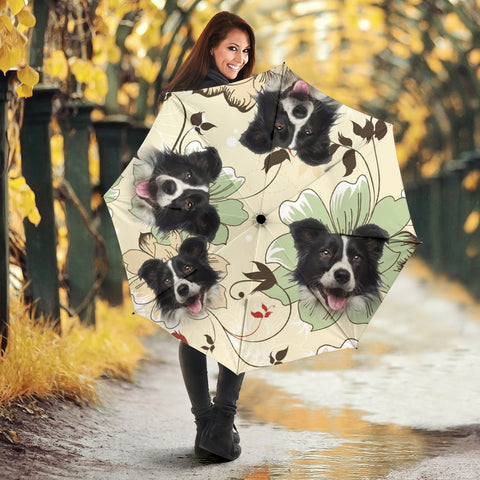 Border Collie On Flower Print Umbrellas