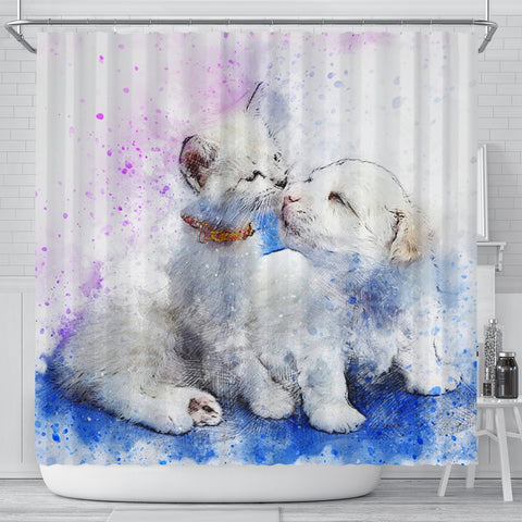 Cute Cat And Dog Love Watercolor Art Print Shower Curtains