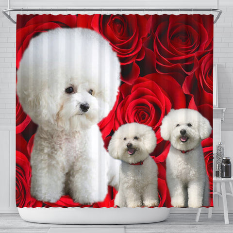 Bichon Frise On Rose Print Shower Curtain