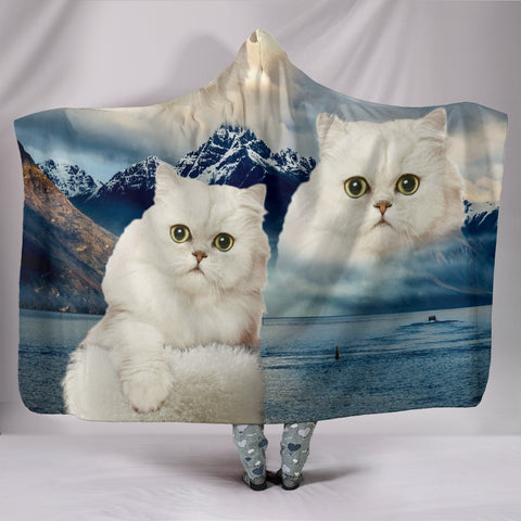 Cute White Persian Cat Print Hooded Blanket