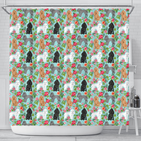 Poodle Dog Floral Print Shower Curtains