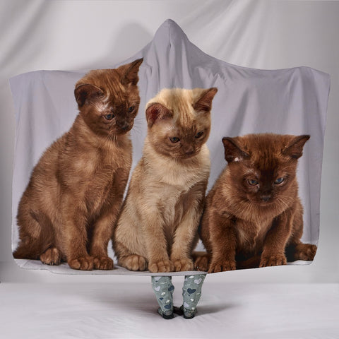 Three Burmese Cat Print Hooded Blanket