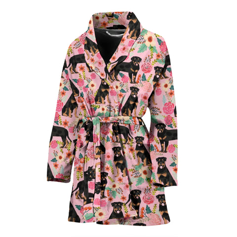 Rottweiler Dog Pink Floral Print Women's Bath Robe