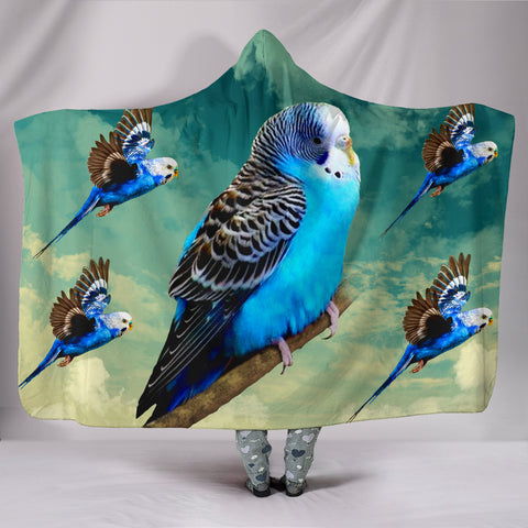 Blue Budgie Parrot Print Hooded Blanket