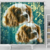 Cavalier King Charles Spaniel On Blue Print Shower Curtains